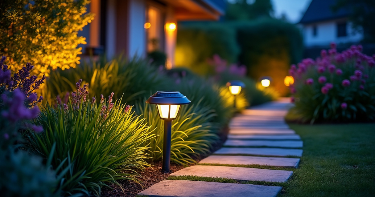 Solar-Bodenleuchten in einem Garten nachts leuchtend