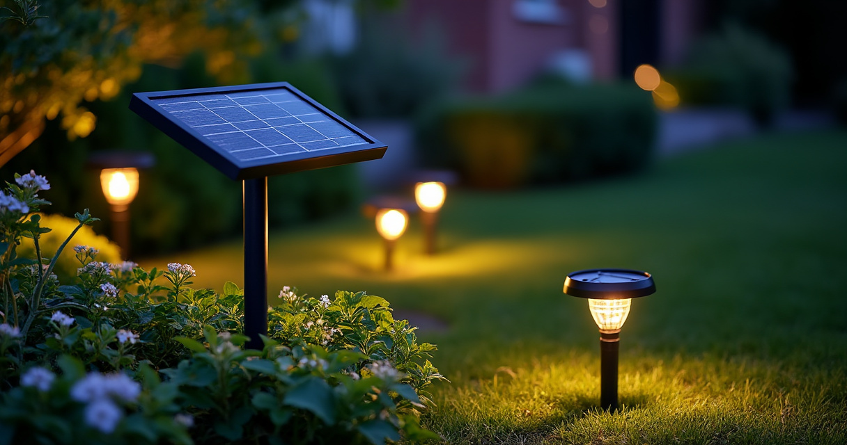 Solar-Hängeleuchten an einer Pergola abends leuchtend