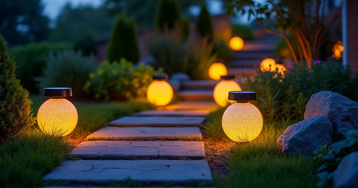 Solar-Kugelleuchten in verschiedenen Größen im Garten nachts leuchtend