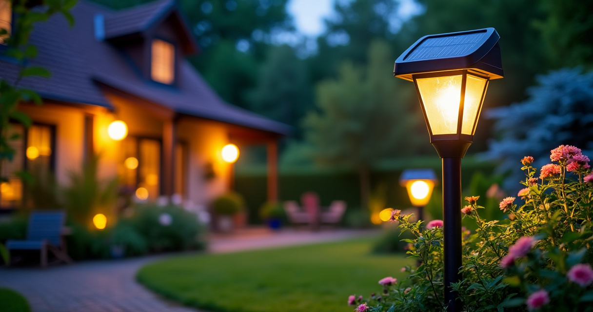 Solar-Laternenpfahl in einem Garten nachts leuchtend
