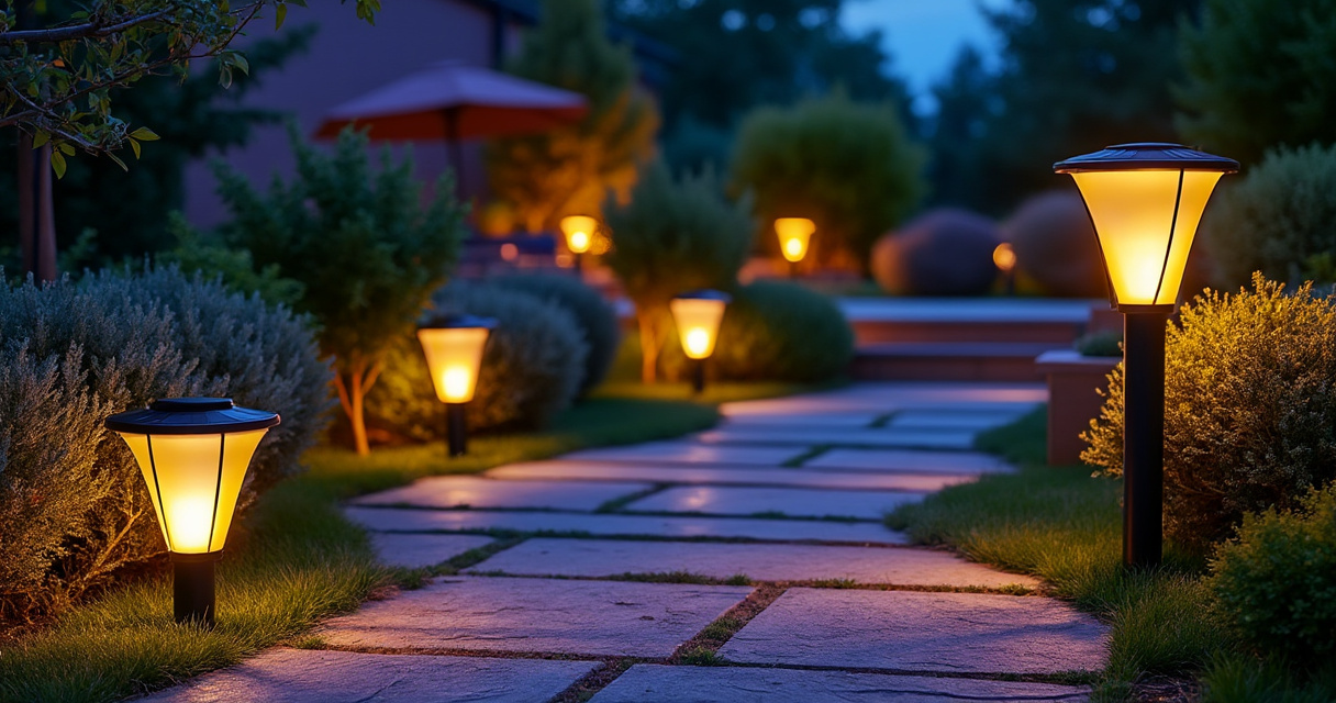 Solar-Lichterketten und Leuchten auf einer gemütlichen Terrasse abends